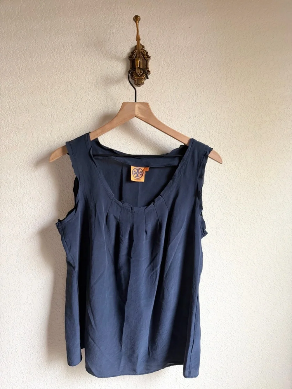 Tory Burch Navy Sleeveless Pleated Front Silk Tank